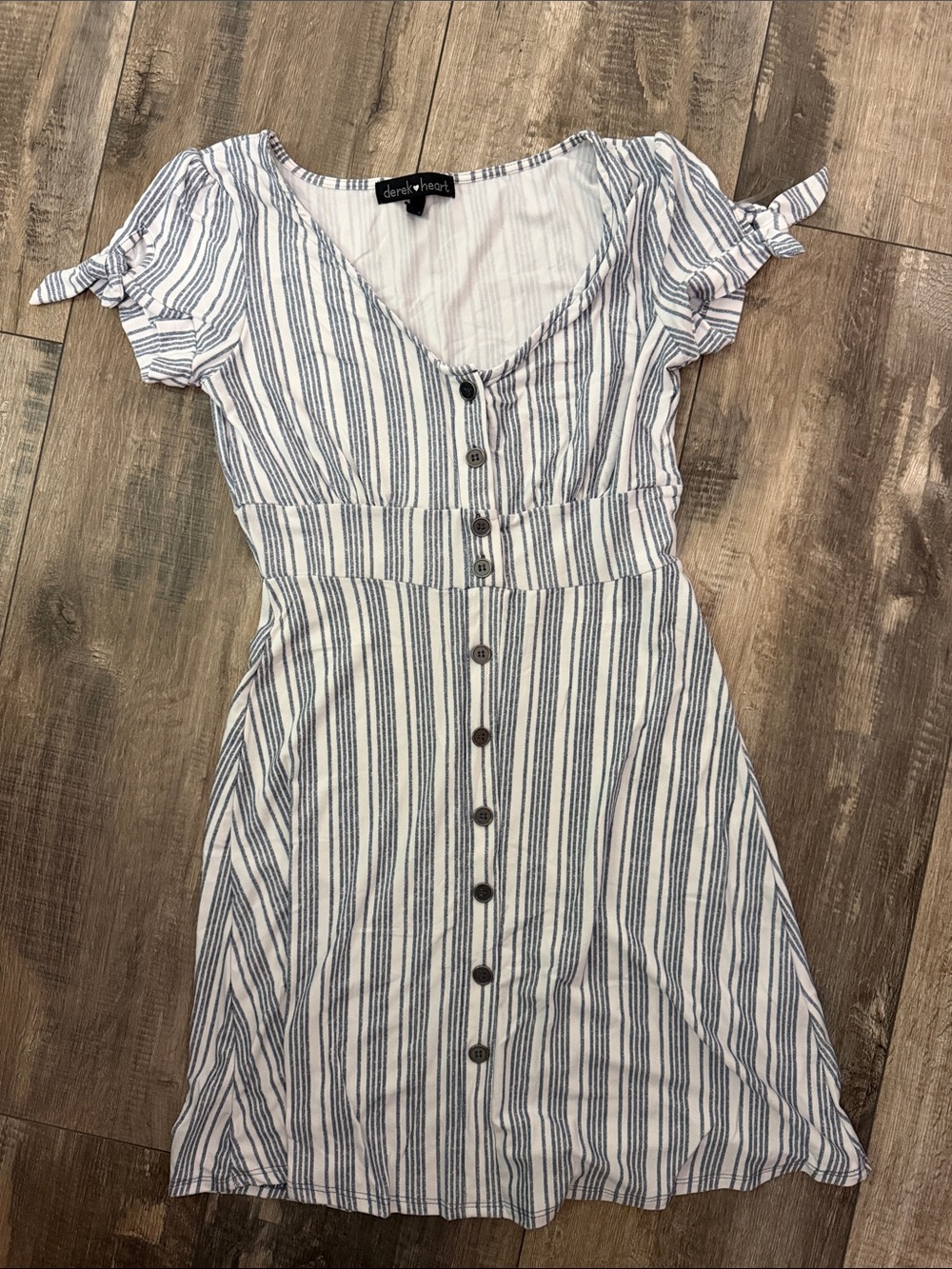 Derek Heart White Mini Dress with Blue Stripes and Front Buttons